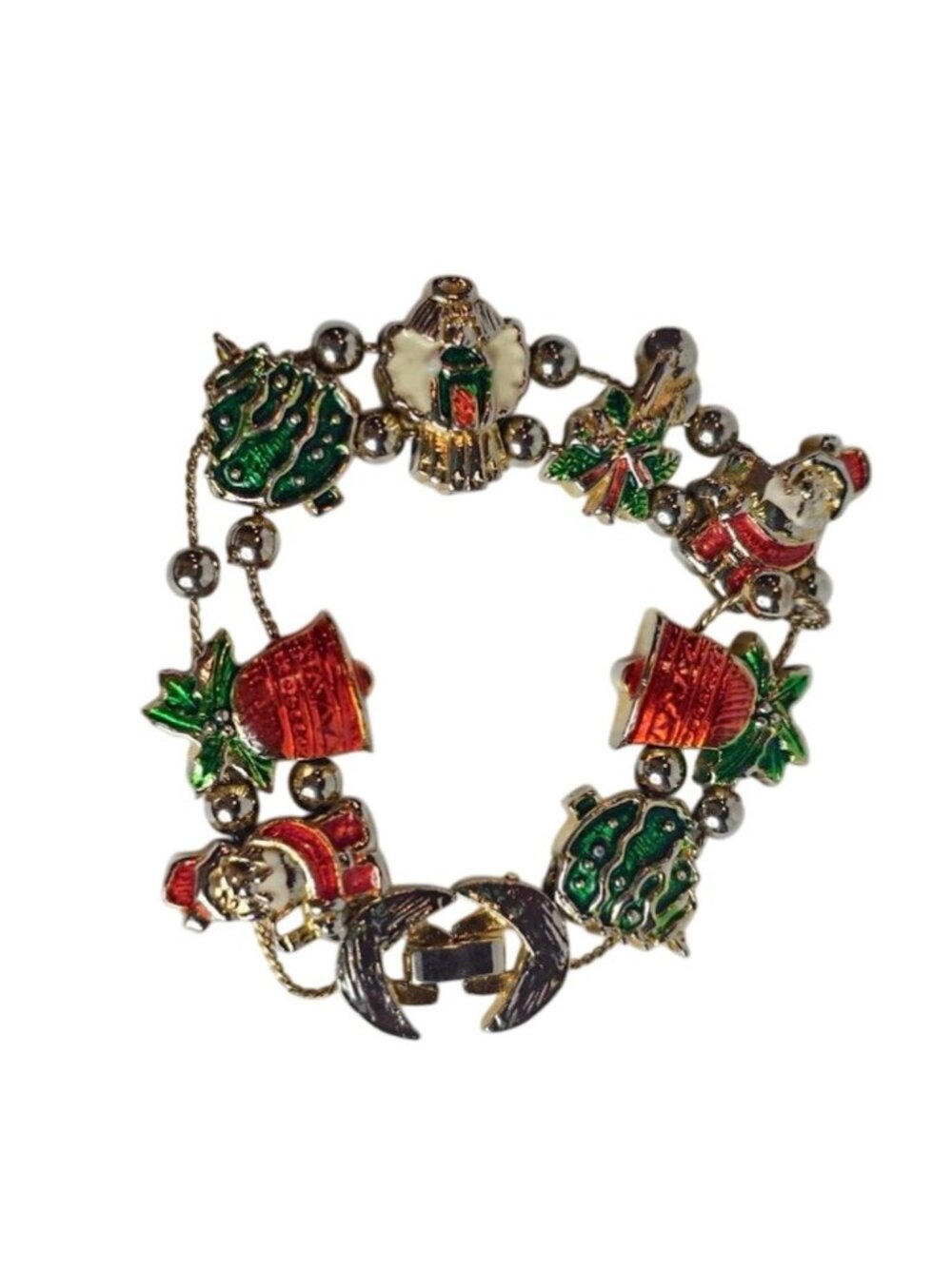 VTG Christmas Charm Bracelet Santa Bells Tree Slide Accents Gold-Tone Holiday